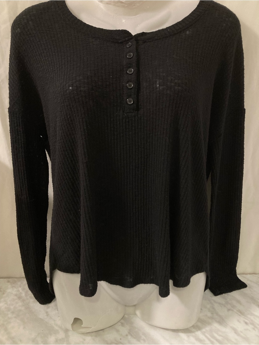 Garage Black Waffle Knit Henley Long Sleeve Top Small